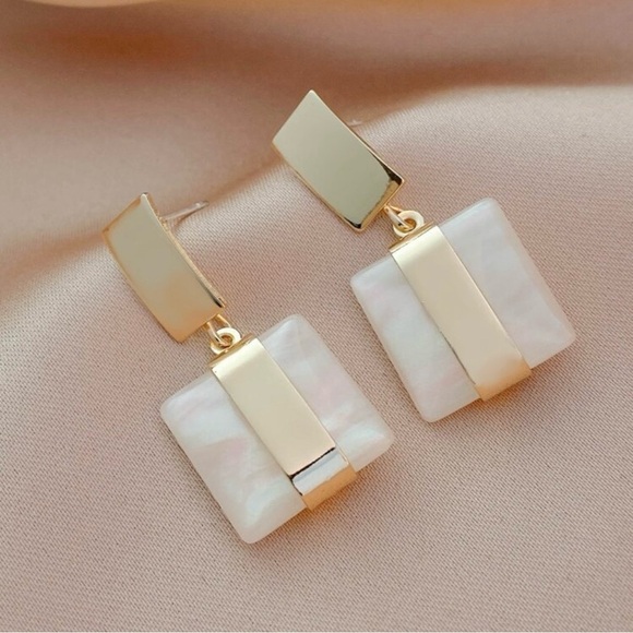 Gold and White Geometric Modern Earrings - Picture 1 of 4